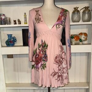 Y2K Christian Audigier XS Pink V Neck 100% Bamboo Tattoo Logo Tunic Dress